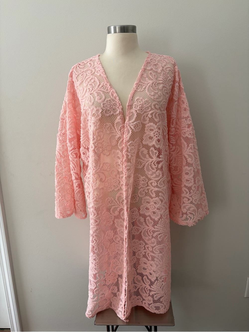 Vintage American City Wear Pink Floral Lace Kimono Duster Cardigan 3X Coquette